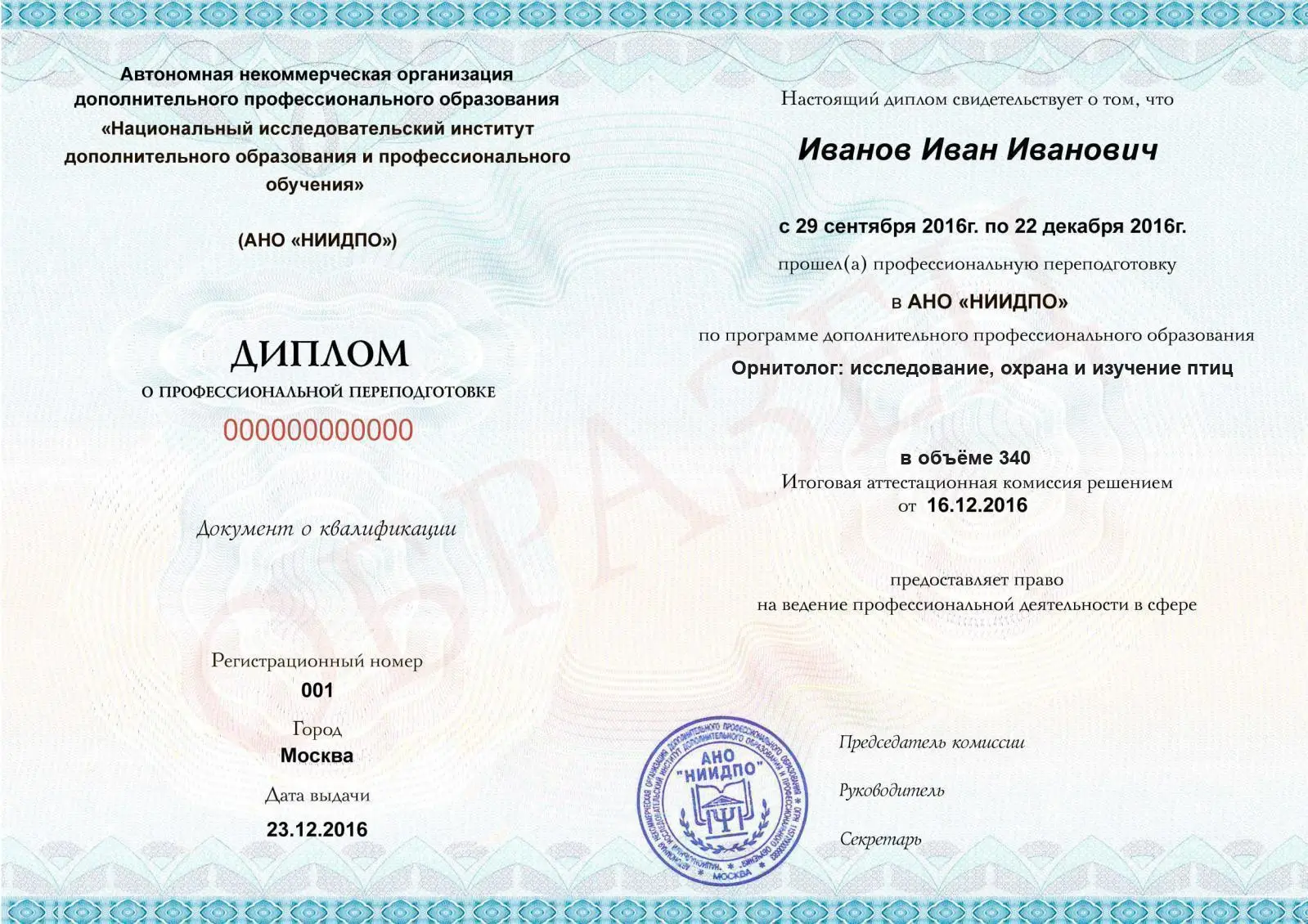 Диплом о дополнительном профессиональном образовании